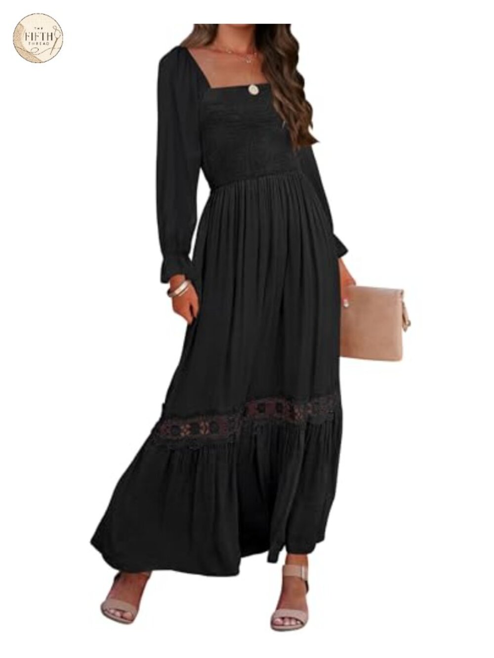 ZESICA Boho Long Sleeve Maxi Dress Smocked Square Neck Backless Lace Trim